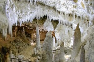 Stalaktyty i stalagmity w barwach biały i żółtych o różnych rozmiarach.